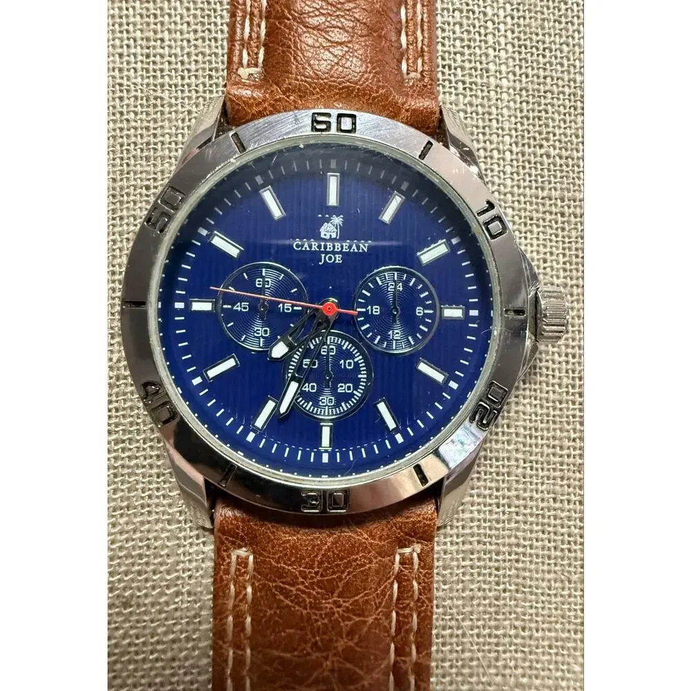 Caribbean Joe CJ7119SL Blue Dial Brown Strap Men’s Watch NWOT